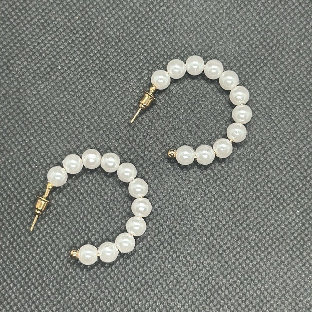Classic White Simulated Pearl Gold Tone Elegant C-Hoops | Timeless Jewelry - Picture 3 of 16
